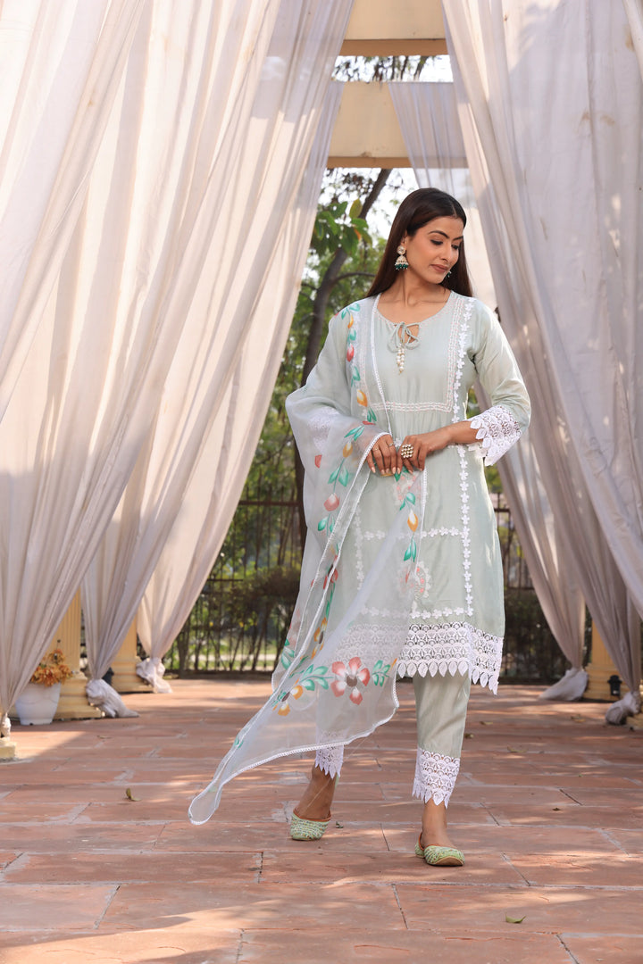 Pista Green Ethnic Motifs Embroidered Straight Pure Cotton Kurta With Pant & Dupatta set