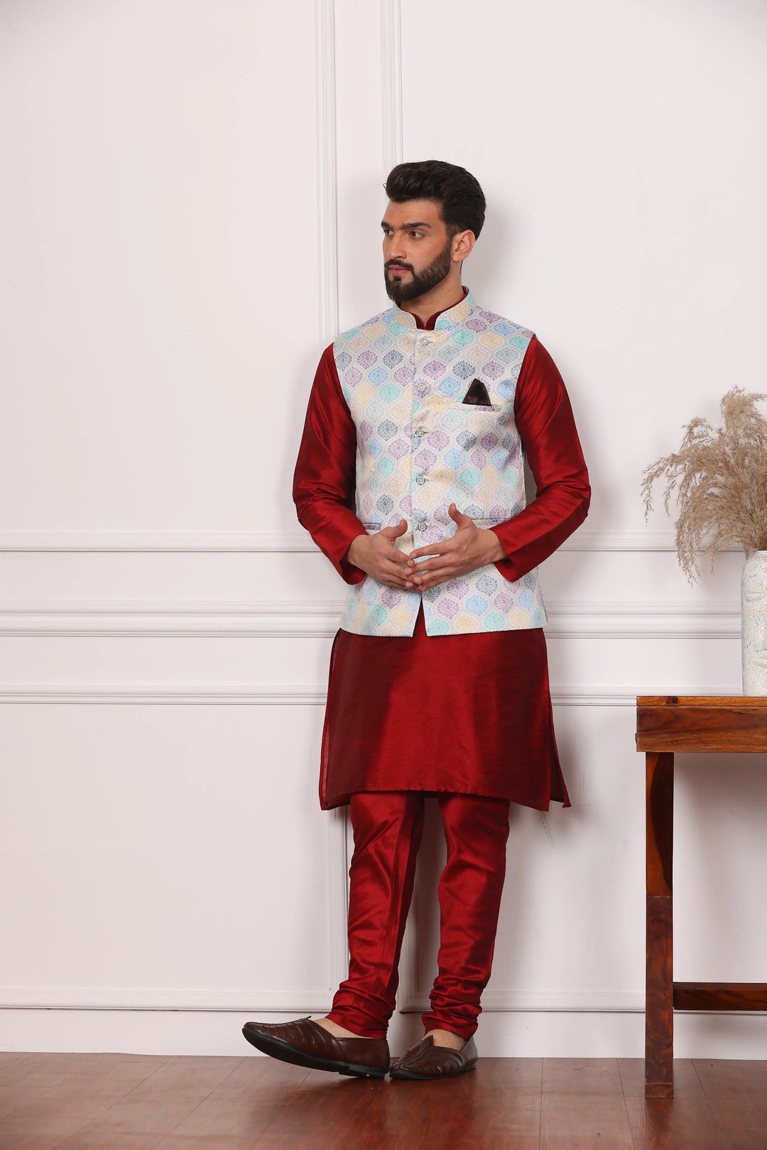 Multi Color Modi Jacket and Maroon Kurta with Churidar Pajama Set for Men