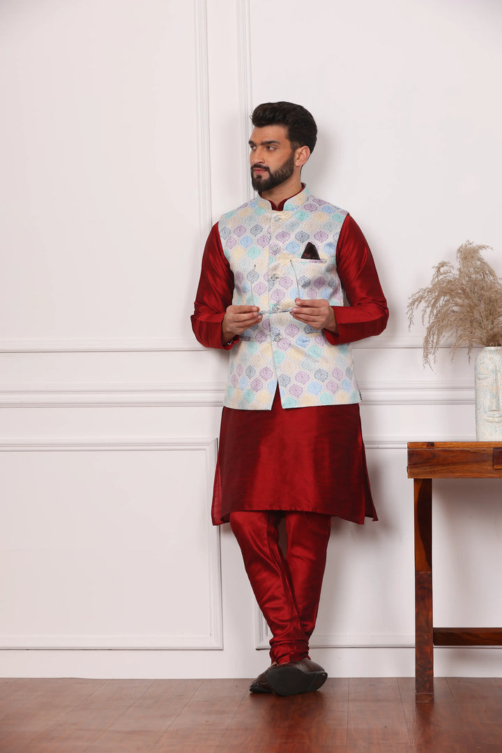 Multi Color Modi Jacket and Maroon Kurta with Churidar Pajama Set for Men