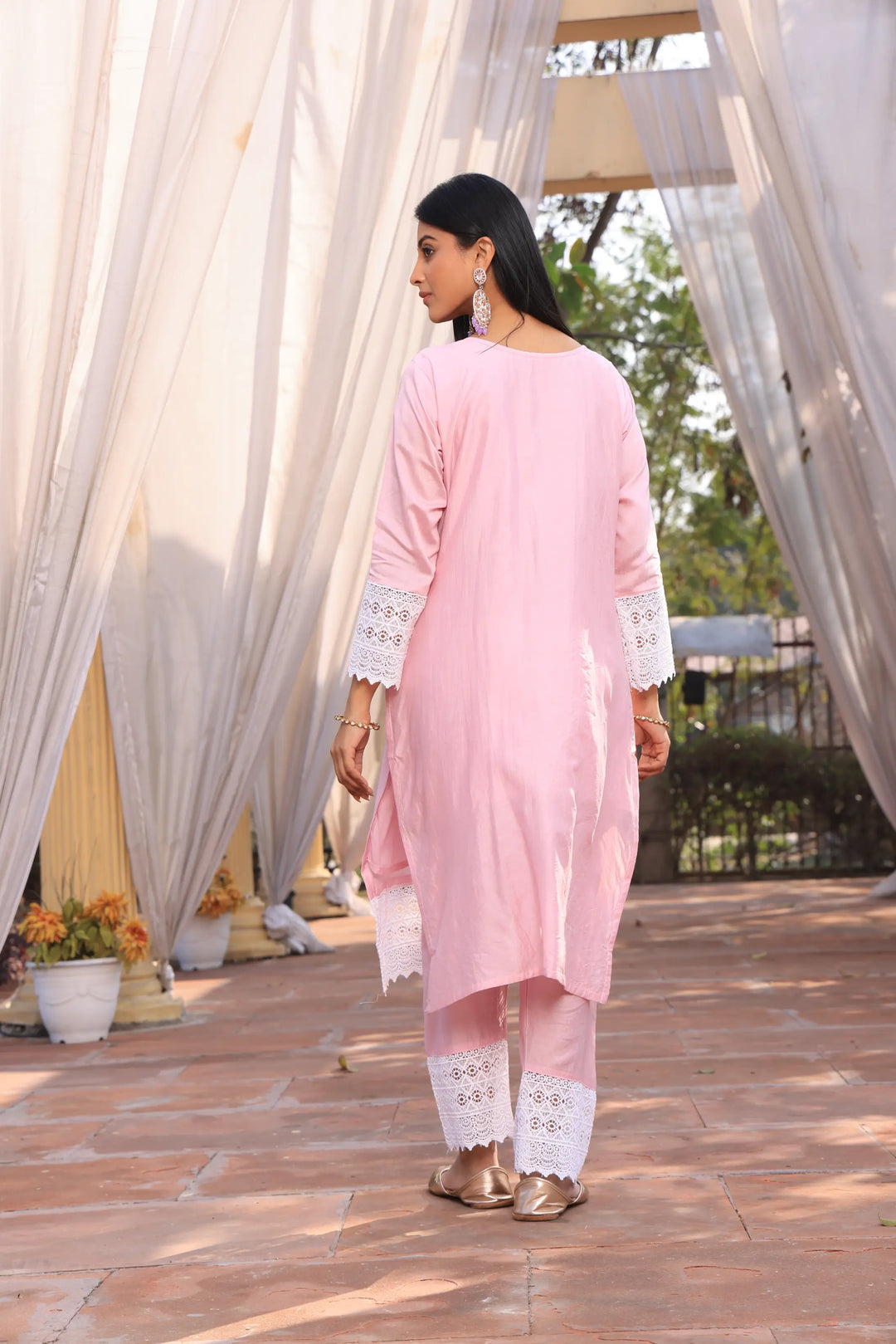 Light Pink Ethnic Motifs Embroidered Straight Pure Cotton Kurta With Pant & Dupatta set