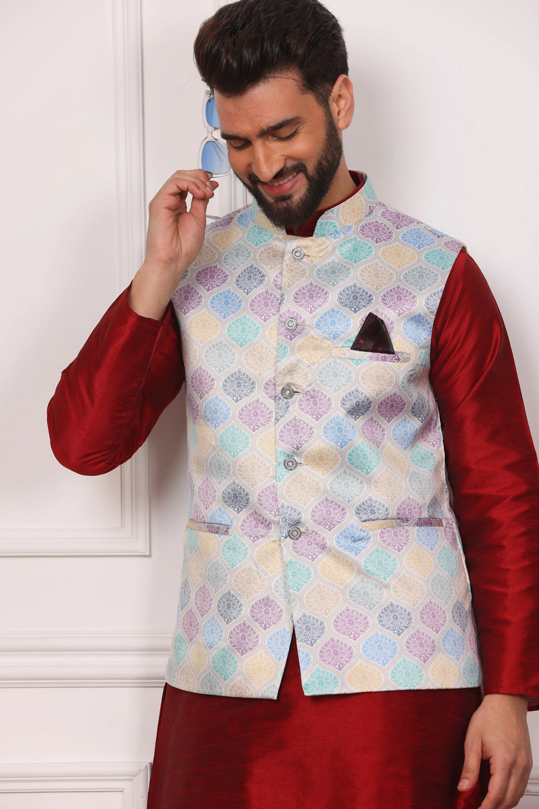 Multi Color Modi Jacket and Maroon Kurta with Churidar Pajama Set for Men