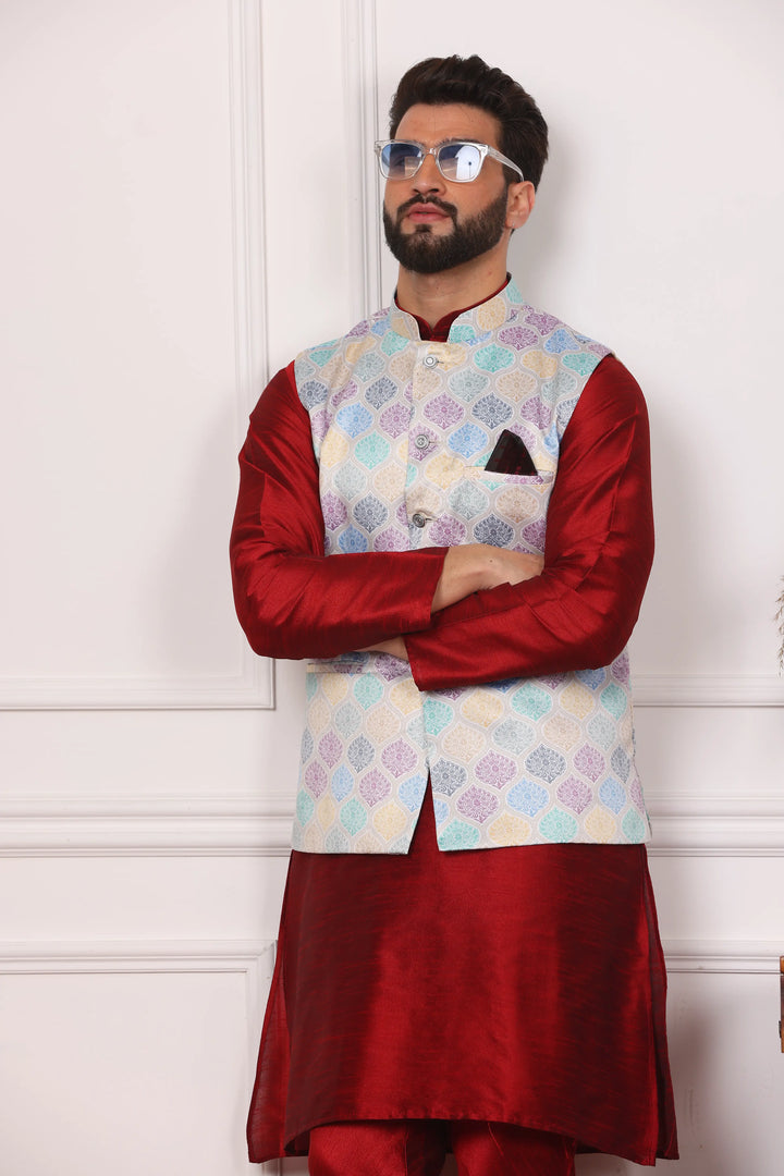 Multi Color Modi Jacket and Maroon Kurta with Churidar Pajama Set for Men