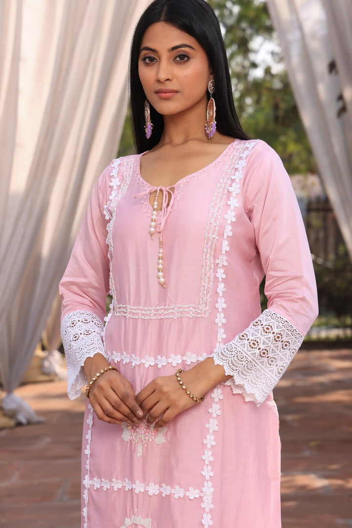 Light Pink Ethnic Motifs Embroidered Straight Pure Cotton Kurta With Pant & Dupatta set