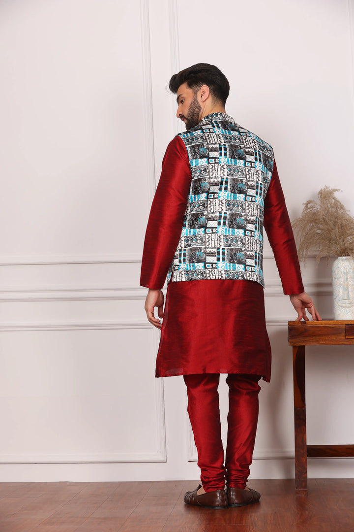 Multi Color Ethnic Jacket and Maroon Kurta with Churidar Pajama Set for Men