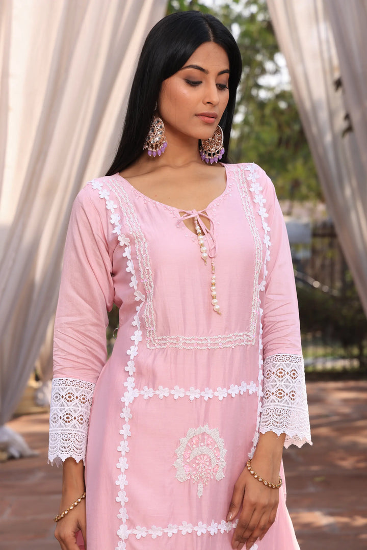 Light Pink Ethnic Motifs Embroidered Straight Pure Cotton Kurta With Pant & Dupatta set