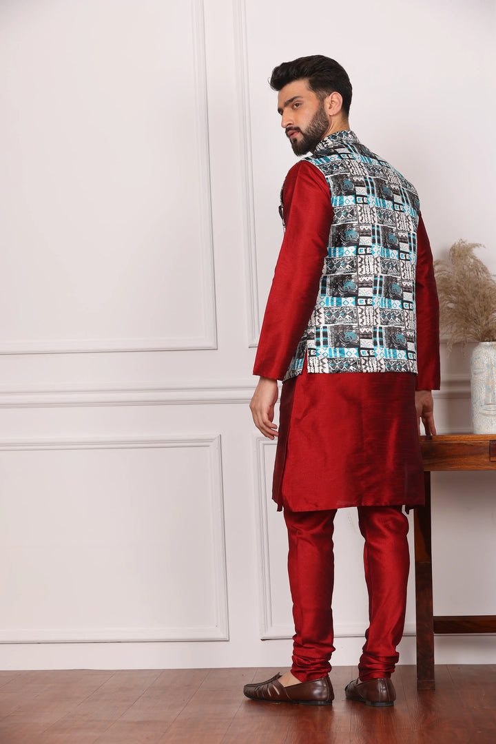 Multi Color Ethnic Jacket and Maroon Kurta with Churidar Pajama Set for Men