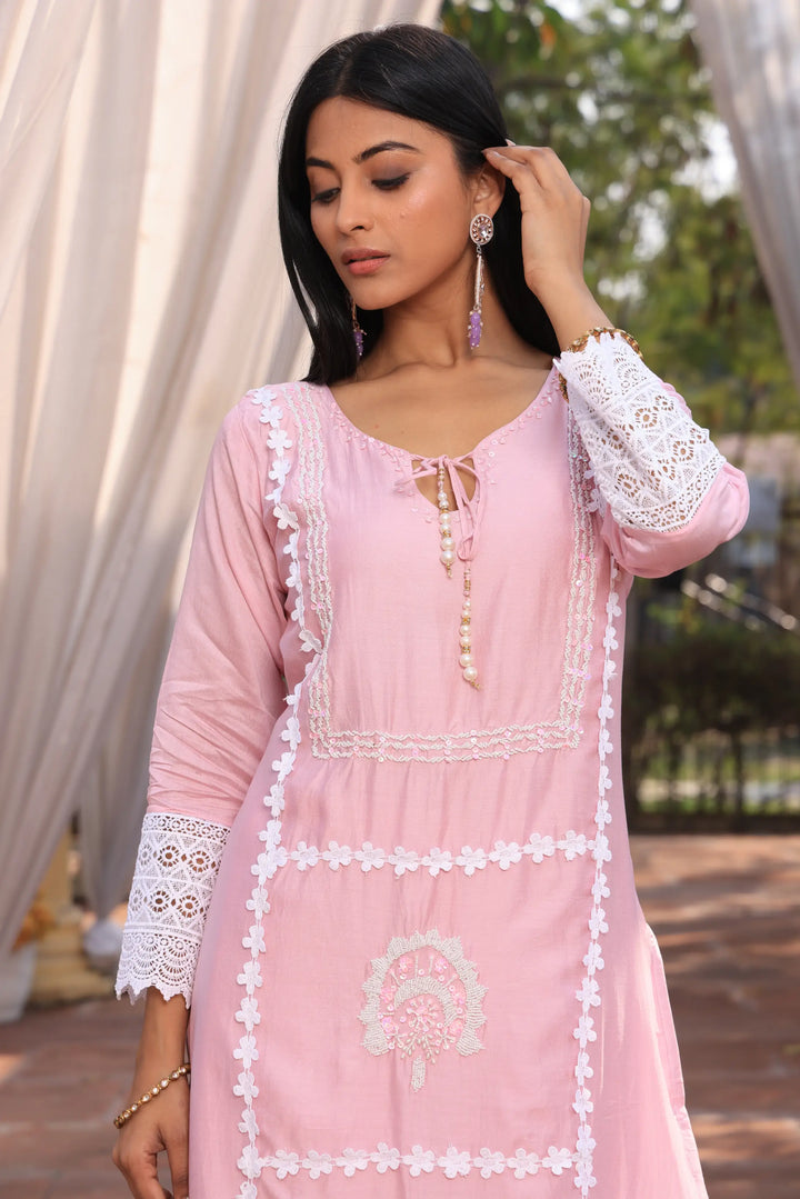 Light Pink Ethnic Motifs Embroidered Straight Pure Cotton Kurta With Pant & Dupatta set