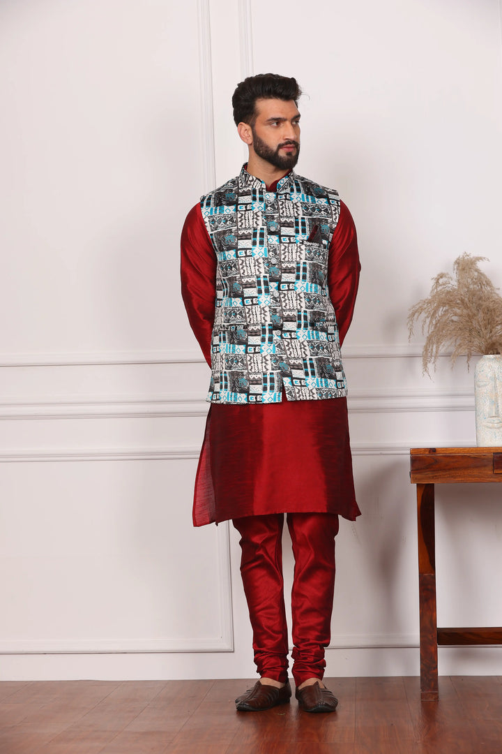 Multi Color Ethnic Jacket and Maroon Kurta with Churidar Pajama Set for Men