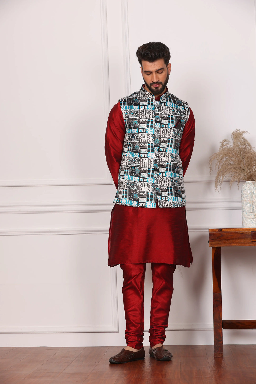 Multi Color Ethnic Jacket and Maroon Kurta with Churidar Pajama Set for Men