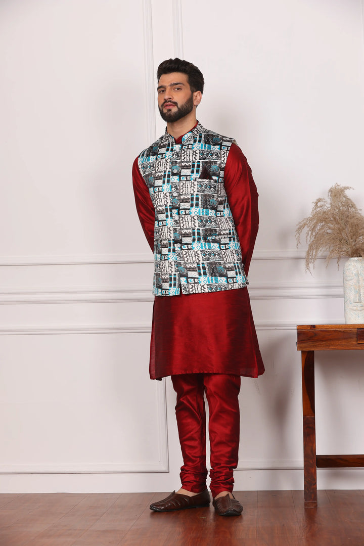 Multi Color Ethnic Jacket and Maroon Kurta with Churidar Pajama Set for Men