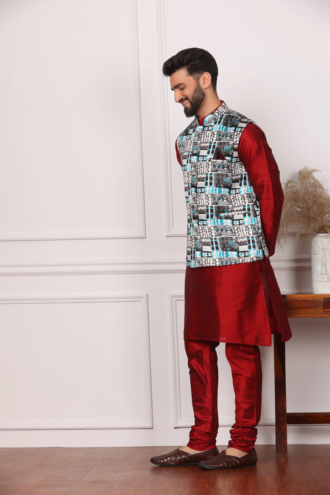 Multi Color Ethnic Jacket and Maroon Kurta with Churidar Pajama Set for Men