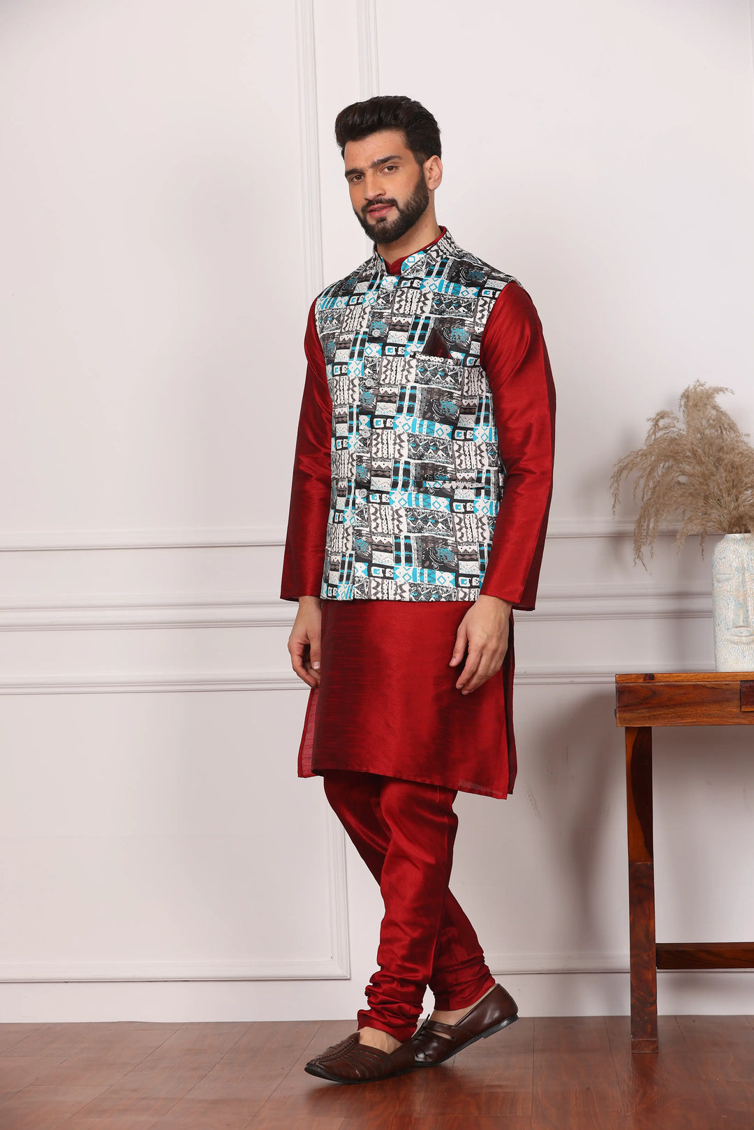 Multi Color Ethnic Jacket and Maroon Kurta with Churidar Pajama Set for Men