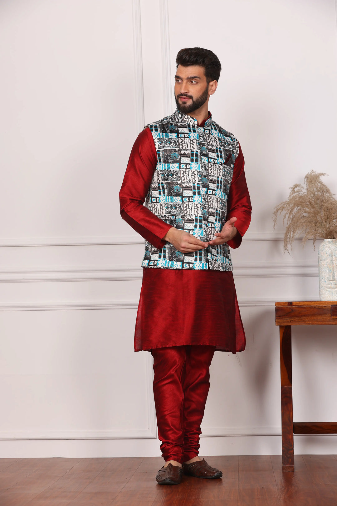 Multi Color Ethnic Jacket and Maroon Kurta with Churidar Pajama Set for Men