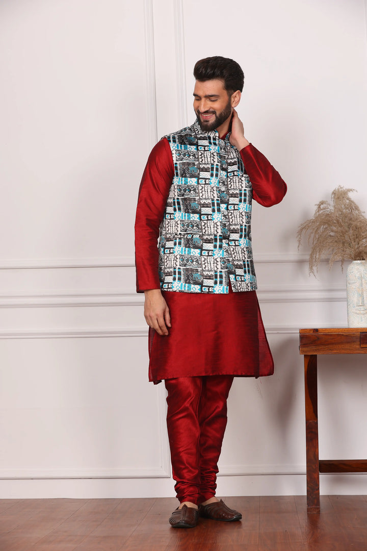 Multi Color Ethnic Jacket and Maroon Kurta with Churidar Pajama Set for Men