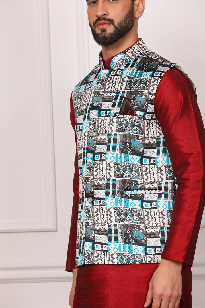 Multi Color Ethnic Jacket and Maroon Kurta with Churidar Pajama Set for Men