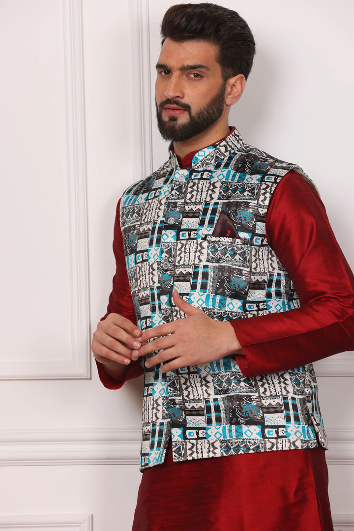 Multi Color Ethnic Jacket and Maroon Kurta with Churidar Pajama Set for Men