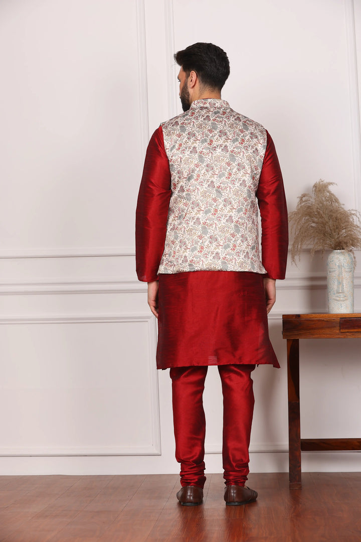 Multi Color Bandi Jacket and Maroon Kurta with Churidar Pajama Set for Men