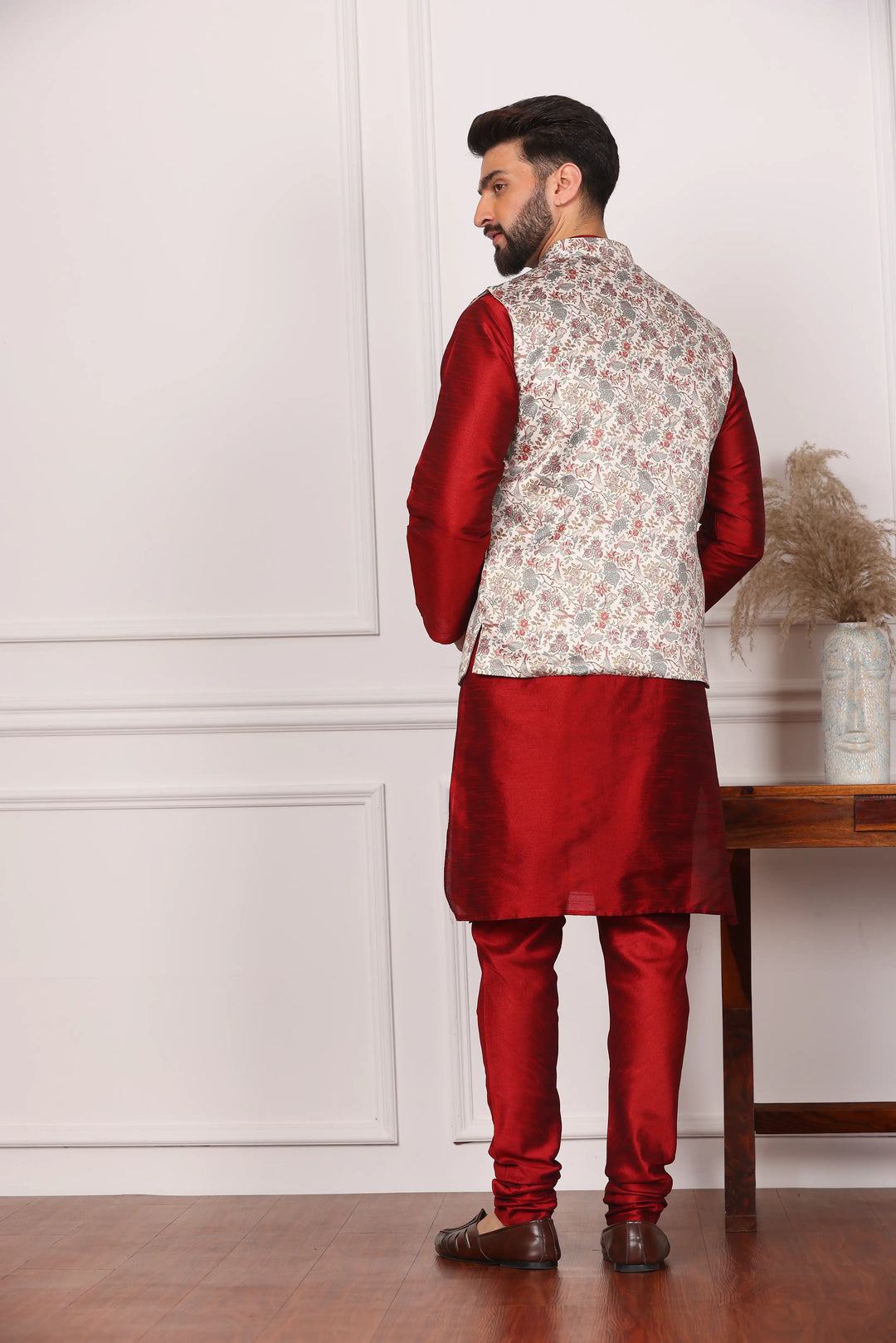 Multi Color Bandi Jacket and Maroon Kurta with Churidar Pajama Set for Men