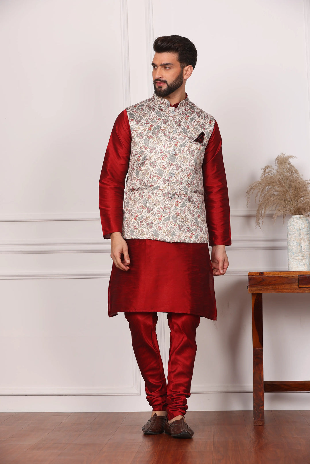 Multi Color Bandi Jacket and Maroon Kurta with Churidar Pajama Set for Men