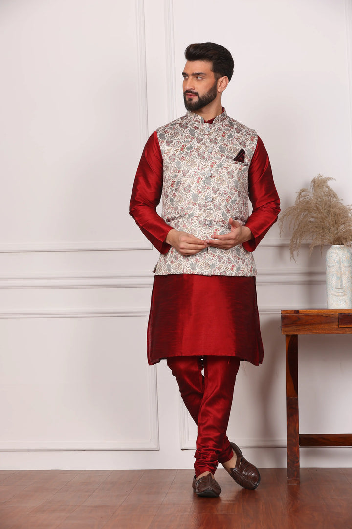 Multi Color Bandi Jacket and Maroon Kurta with Churidar Pajama Set for Men