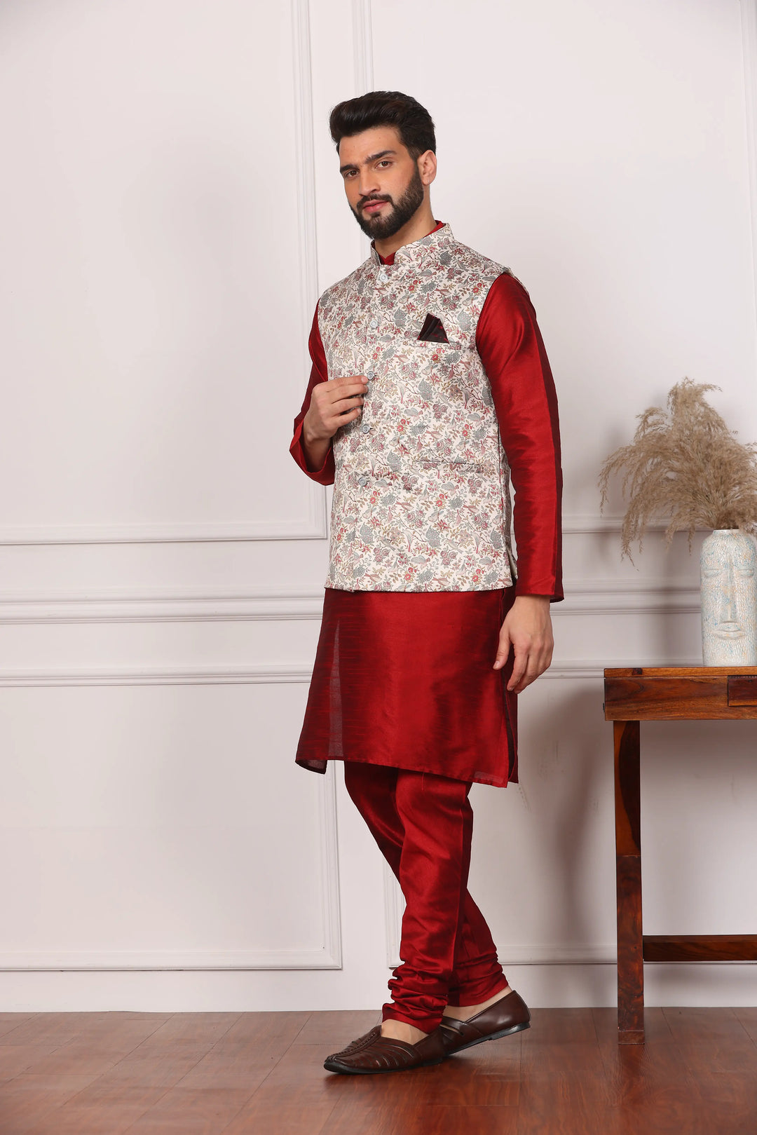 Multi Color Bandi Jacket and Maroon Kurta with Churidar Pajama Set for Men