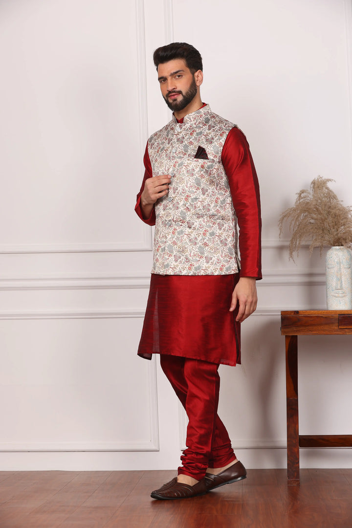 Multi Color Bandi Jacket and Maroon Kurta with Churidar Pajama Set for Men