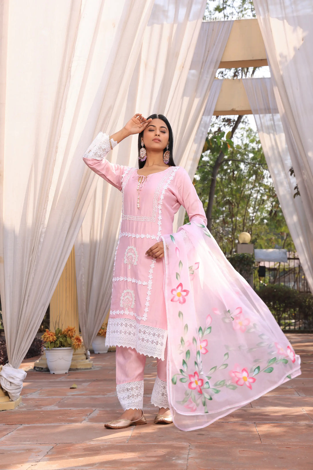 Light Pink Ethnic Motifs Embroidered Straight Pure Cotton Kurta With Pant & Dupatta set