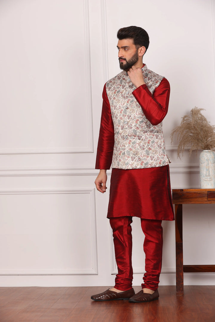 Multi Color Bandi Jacket and Maroon Kurta with Churidar Pajama Set for Men