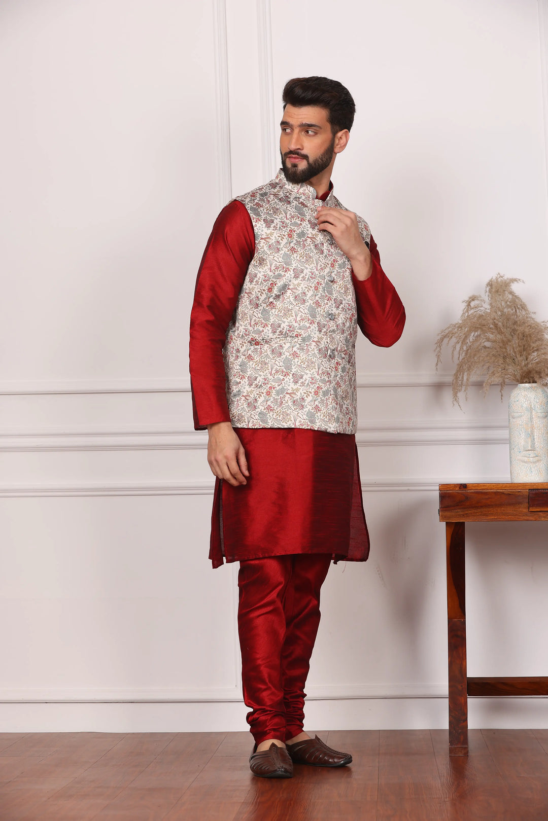 Multi Color Bandi Jacket and Maroon Kurta with Churidar Pajama Set for Men