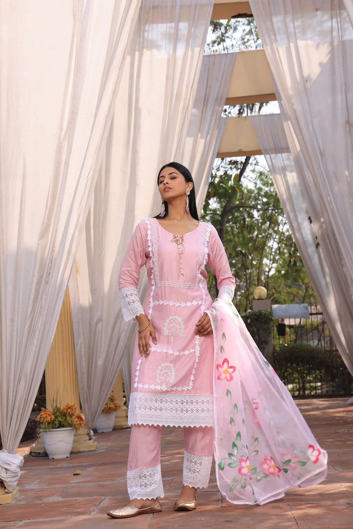 Light Pink Ethnic Motifs Embroidered Straight Pure Cotton Kurta With Pant & Dupatta set