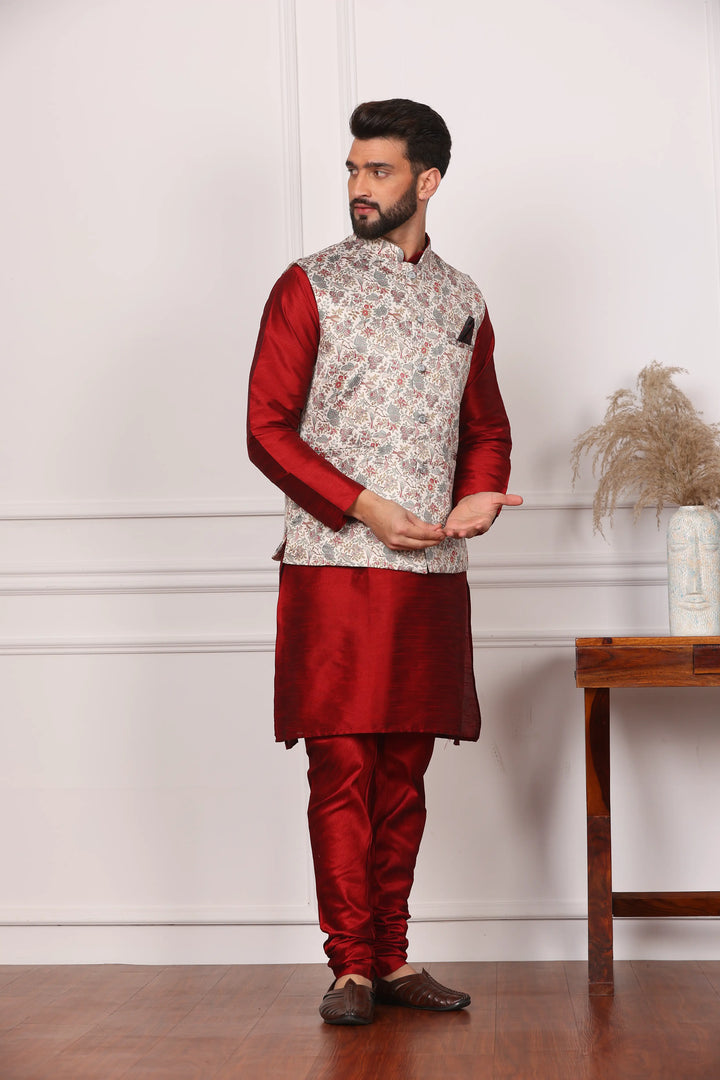 Multi Color Bandi Jacket and Maroon Kurta with Churidar Pajama Set for Men