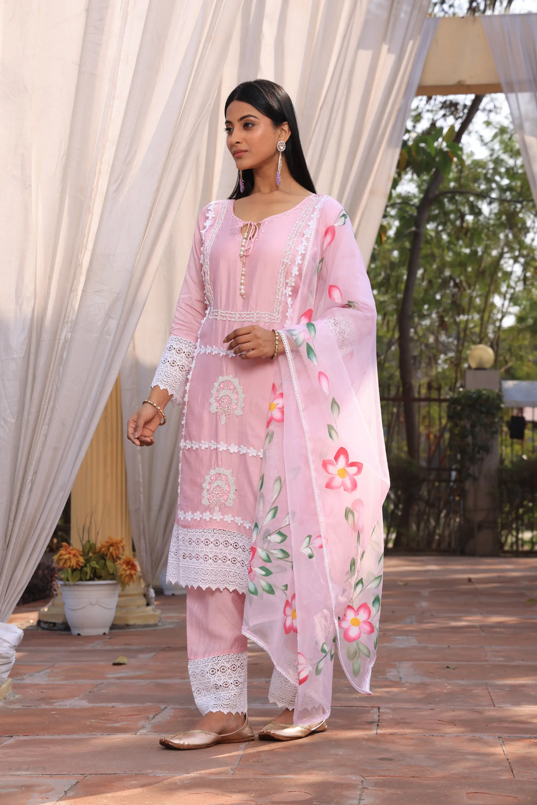 Light Pink Ethnic Motifs Embroidered Straight Pure Cotton Kurta With Pant & Dupatta set