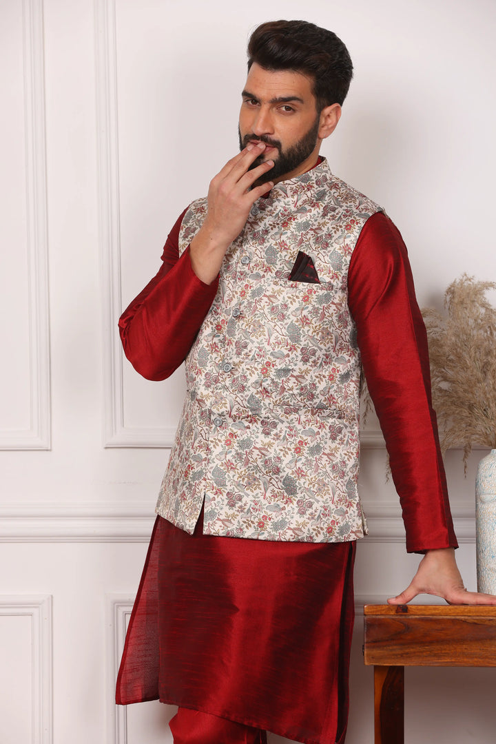 Multi Color Bandi Jacket and Maroon Kurta with Churidar Pajama Set for Men