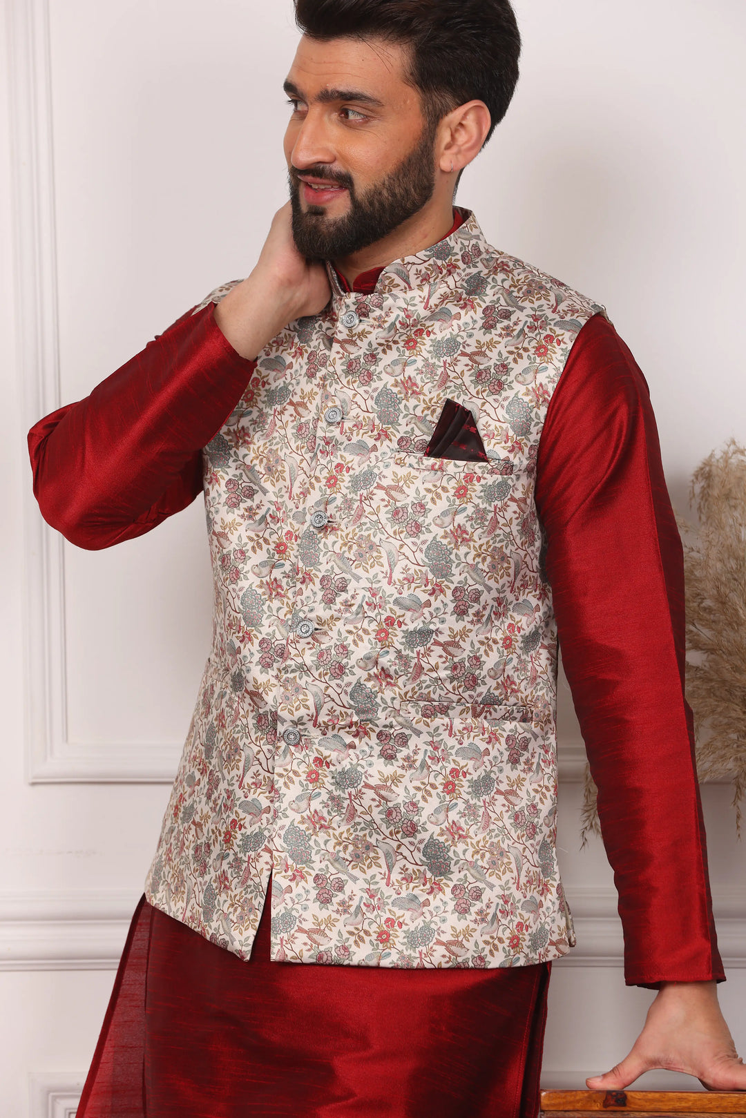 Multi Color Bandi Jacket and Maroon Kurta with Churidar Pajama Set for Men