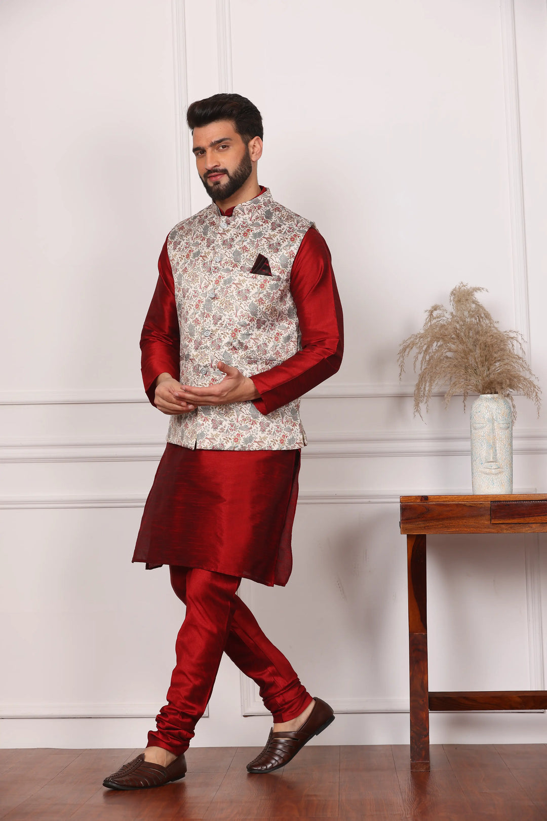 Multi Color Bandi Jacket and Maroon Kurta with Churidar Pajama Set for Men