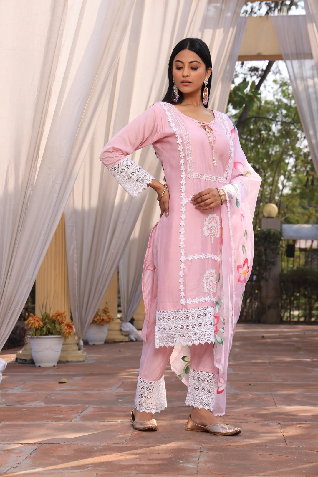 Light Pink Ethnic Motifs Embroidered Straight Pure Cotton Kurta With Pant & Dupatta set