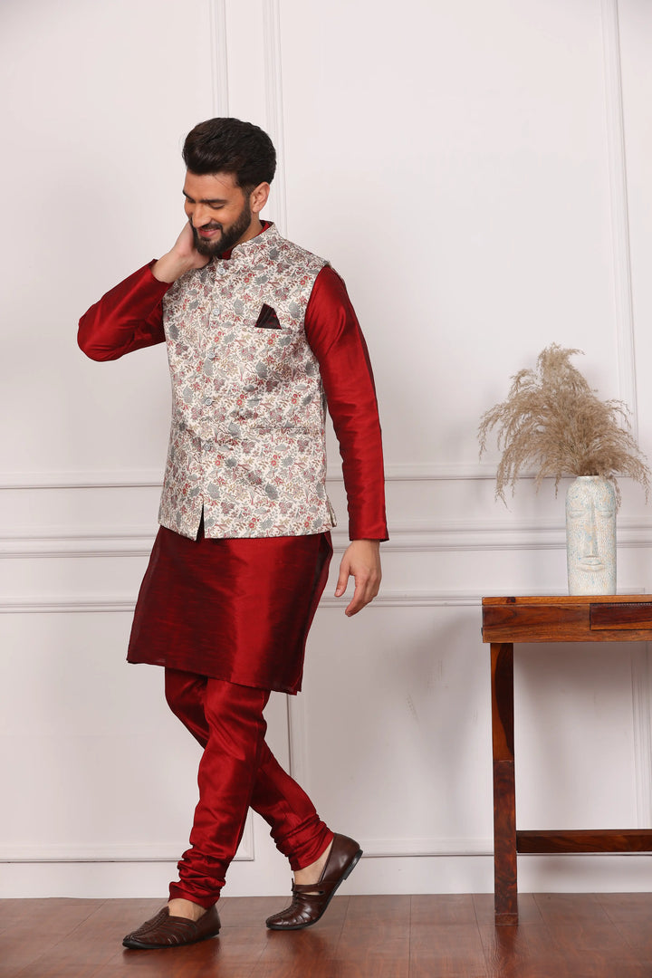 Multi Color Bandi Jacket and Maroon Kurta with Churidar Pajama Set for Men