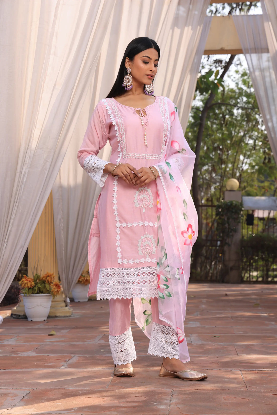 Light Pink Ethnic Motifs Embroidered Straight Pure Cotton Kurta With Pant & Dupatta set