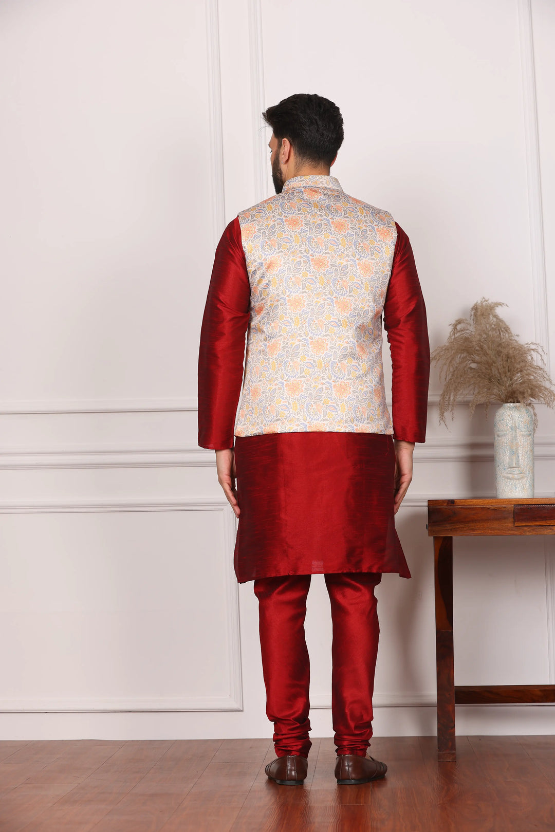 Multi Color Modi Jacket and Maroon Kurta with Churidar Pajama Set for Men