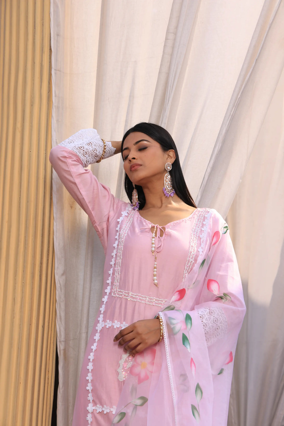 Light Pink Ethnic Motifs Embroidered Straight Pure Cotton Kurta With Pant & Dupatta set