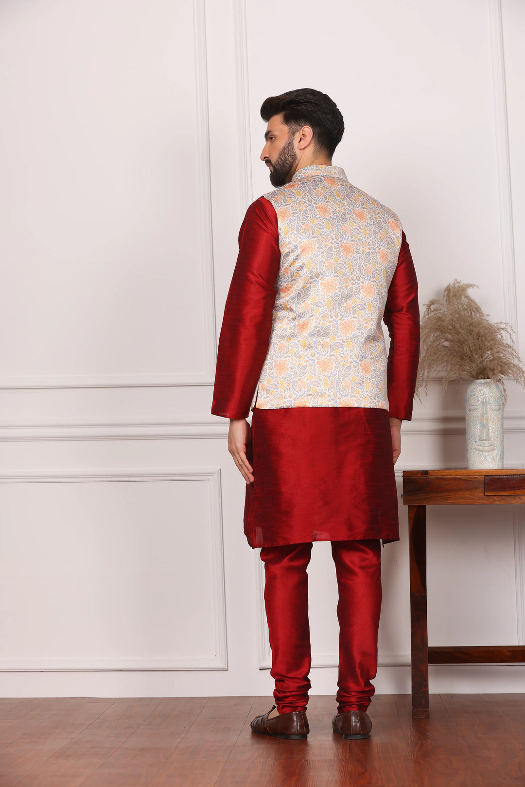 Multi Color Modi Jacket and Maroon Kurta with Churidar Pajama Set for Men