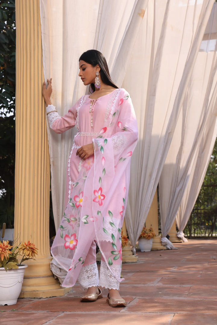 Light Pink Ethnic Motifs Embroidered Straight Pure Cotton Kurta With Pant & Dupatta set