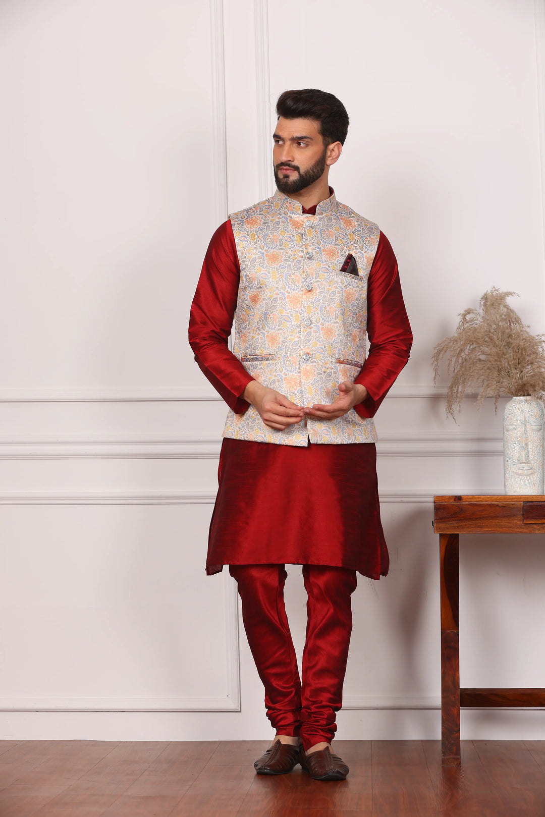 Multi Color Modi Jacket and Maroon Kurta with Churidar Pajama Set for Men