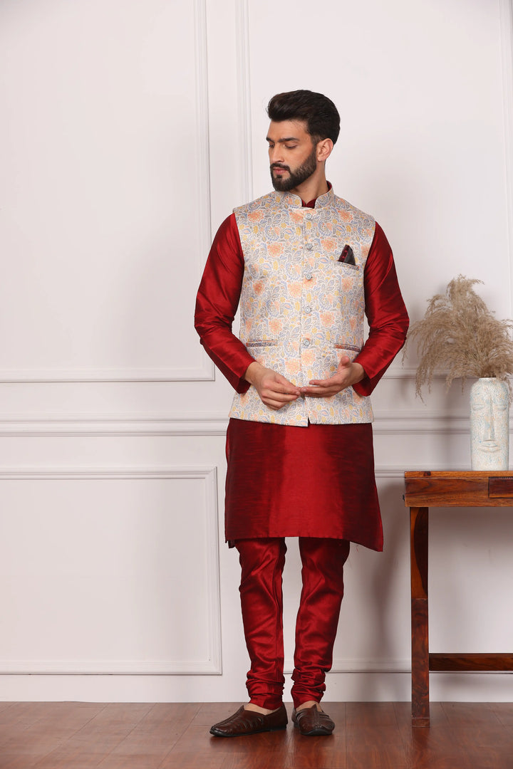 Multi Color Modi Jacket and Maroon Kurta with Churidar Pajama Set for Men