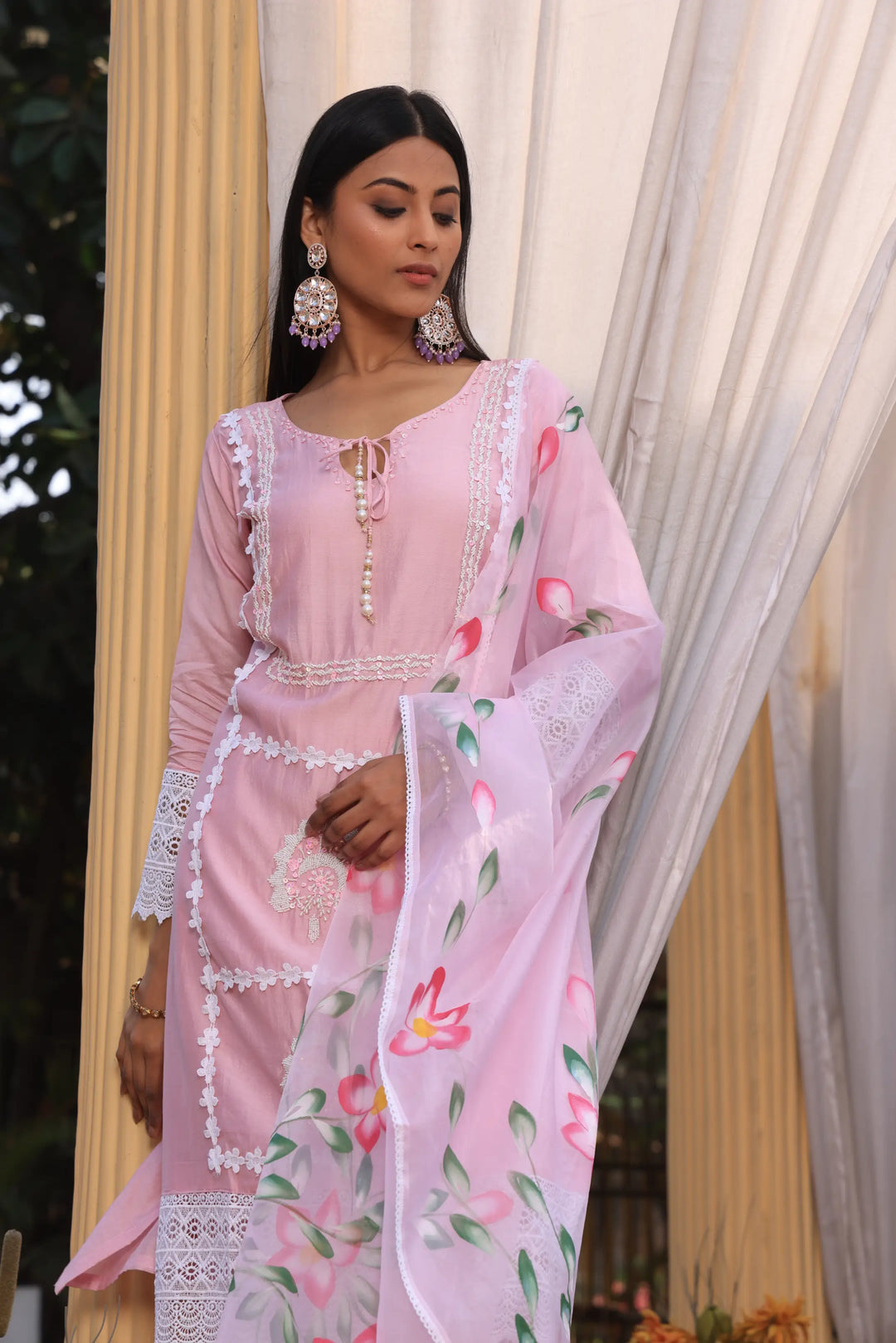 Light Pink Ethnic Motifs Embroidered Straight Pure Cotton Kurta With Pant & Dupatta set