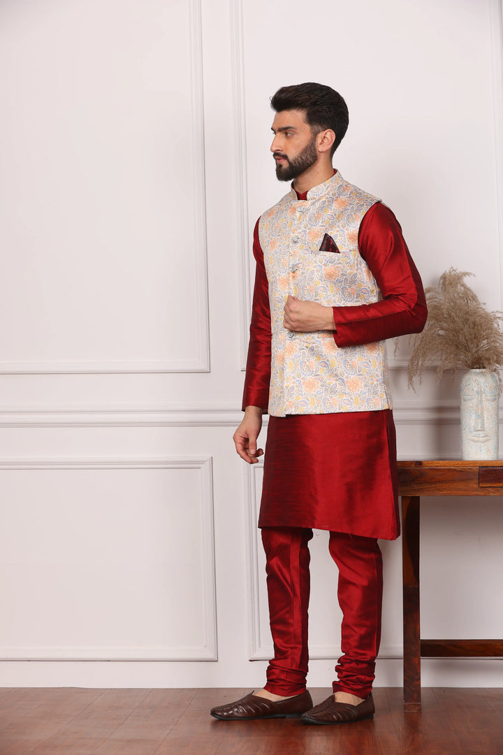 Multi Color Modi Jacket and Maroon Kurta with Churidar Pajama Set for Men