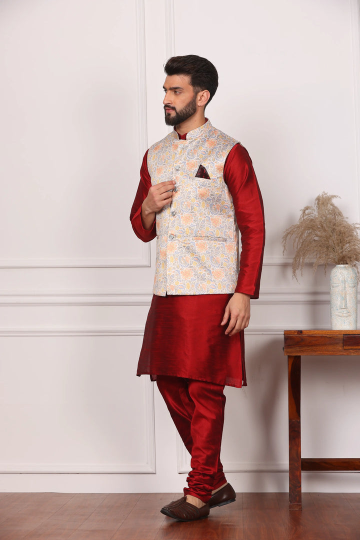 Multi Color Modi Jacket and Maroon Kurta with Churidar Pajama Set for Men