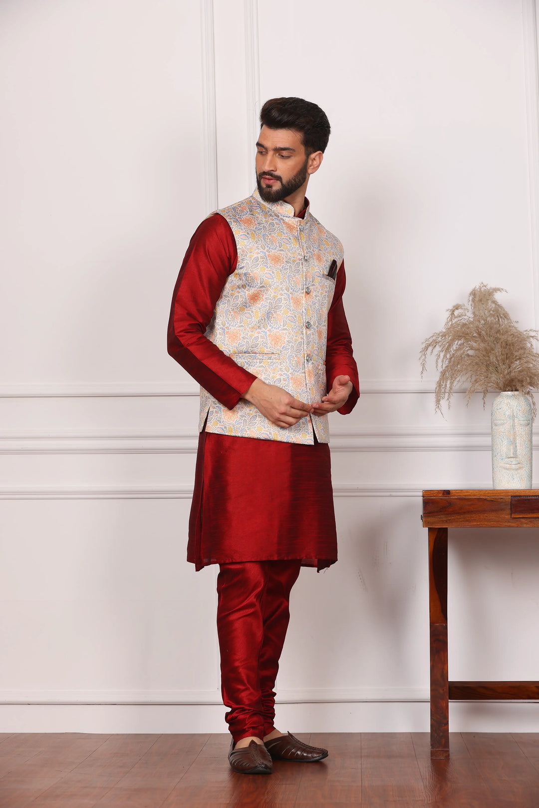 Multi Color Modi Jacket and Maroon Kurta with Churidar Pajama Set for Men