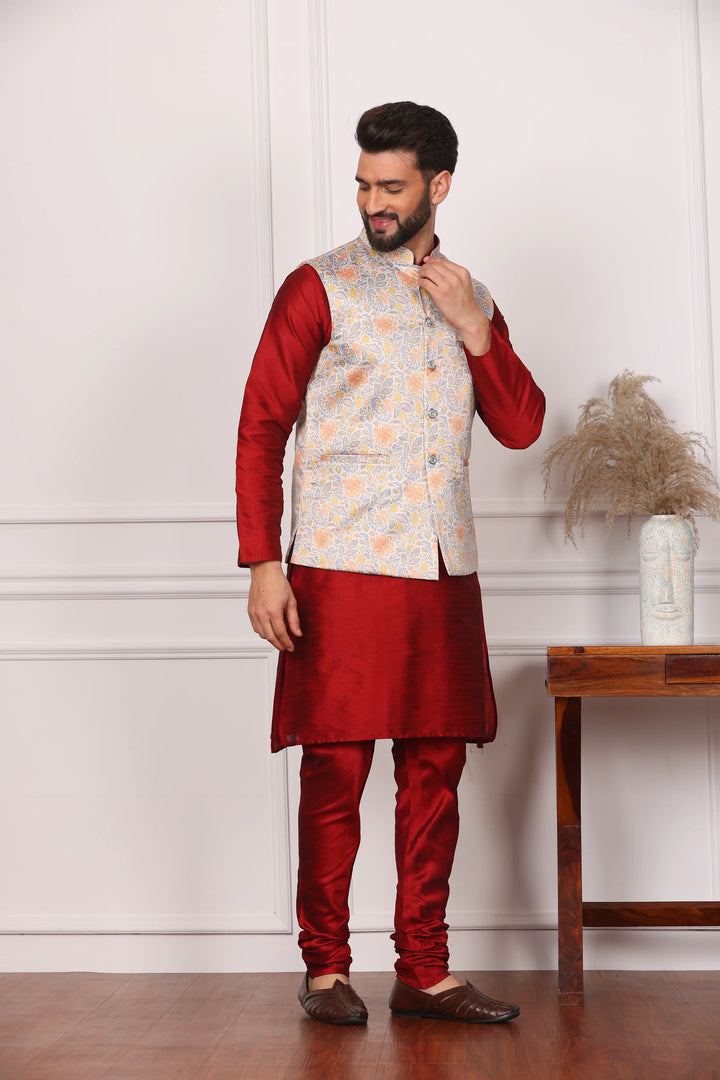 Multi Color Modi Jacket and Maroon Kurta with Churidar Pajama Set for Men