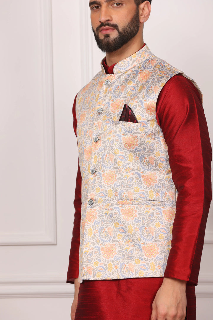 Multi Color Modi Jacket and Maroon Kurta with Churidar Pajama Set for Men